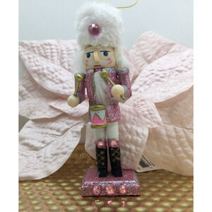 White Fur Hat Pink Nutcracker Christmas Tree Ornament Wooden Drumming Crystals